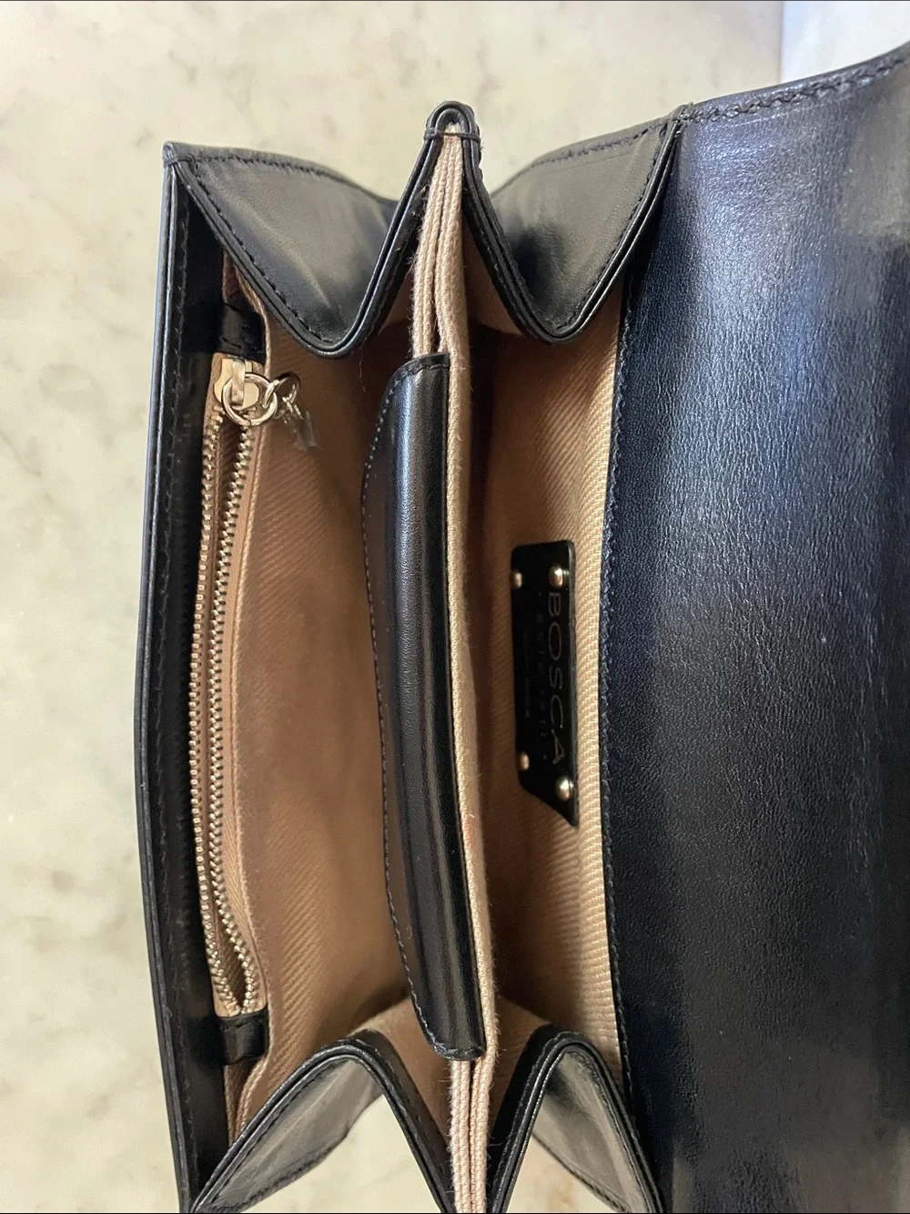 BOSCA Black Leather Italian Clutch with Silver Tone Logo Vintage